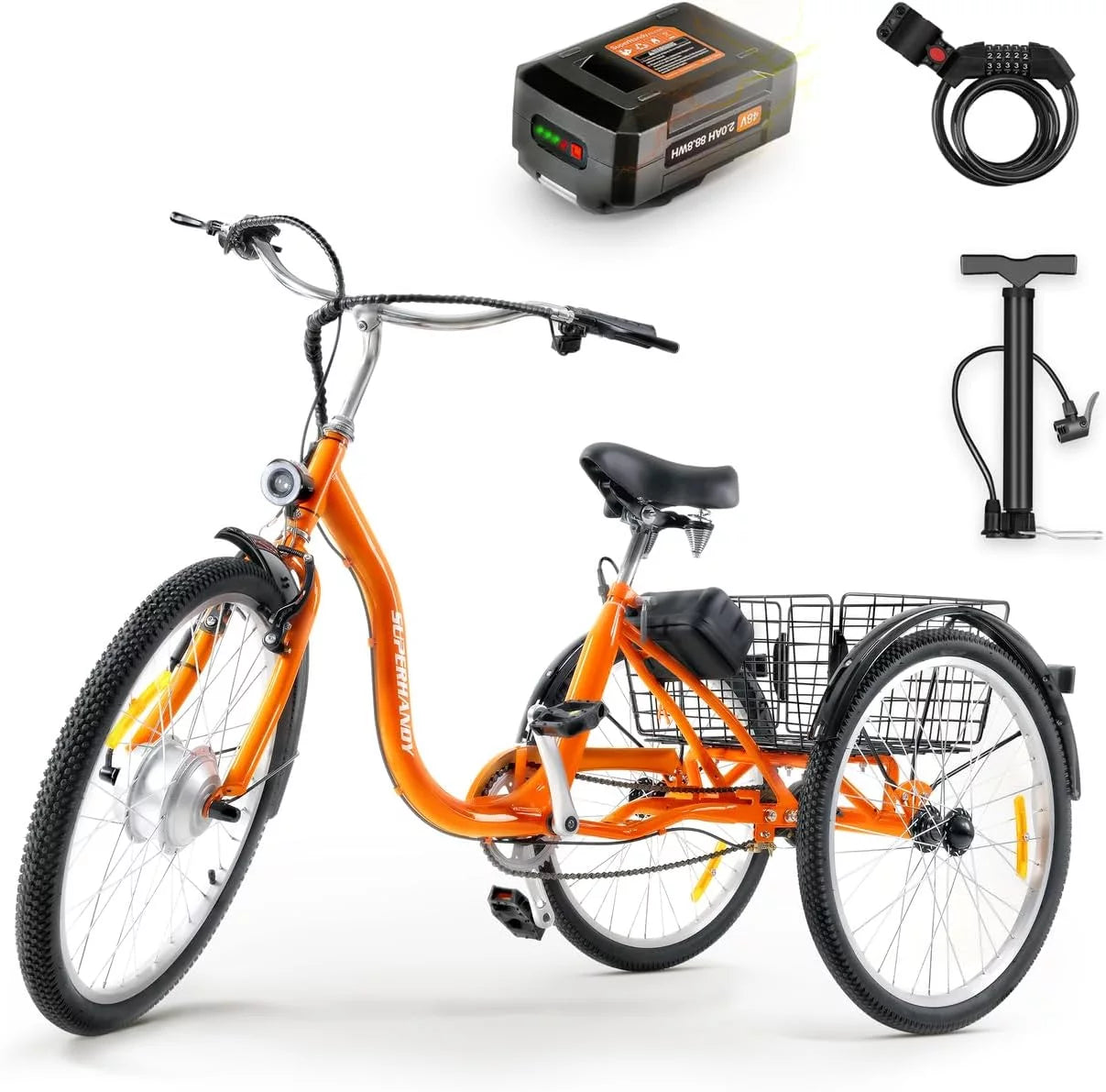 SuperHandy Adult Tricycle Electric Bike - EcoRide 3 Modes, Adaptive Pedal Assist Torque Sensor, 250W Motor, Lithium Battery, 330LB Capacity, Large Storage Basket, LED Headlight, LCD Display