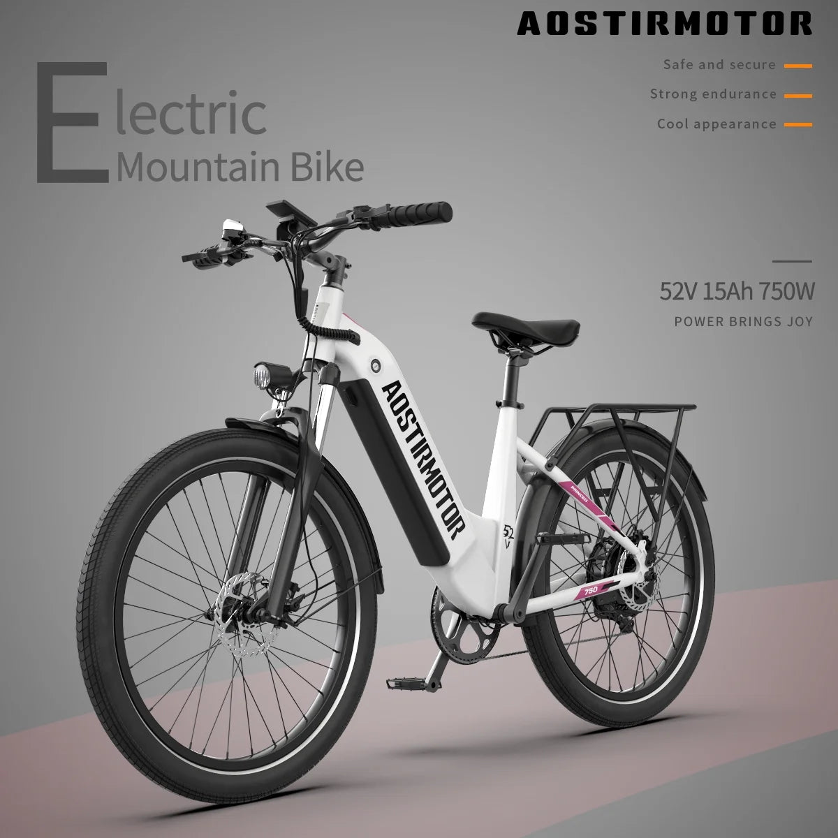 Aostirmotor 26 inch Electric Bike for Adults, Electric Bicycle with 700W Motor 52V 15Ah Removable Lithium Battery, Shimano 7 Speed(White) UL2849