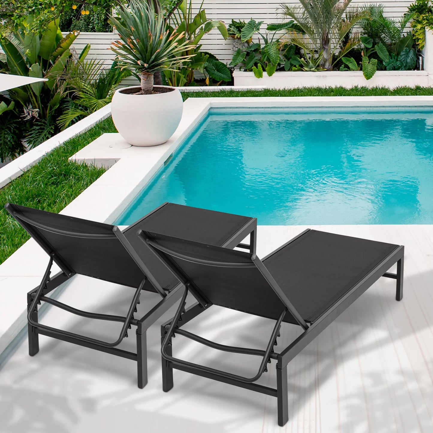 Magshion 2 Piece Outdoor Patio Lounge Chairs with Adjustable Backrest, Pool Recliner Lounge Chaise with Aluminum Frame for Beach Backyard Garden, Black