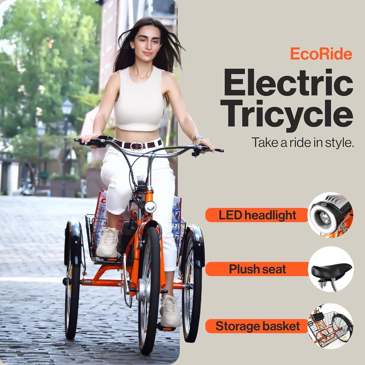 SuperHandy Adult Tricycle Electric Bike - EcoRide 3 Modes, Adaptive Pedal Assist Torque Sensor, 250W Motor, Lithium Battery, 330LB Capacity, Large Storage Basket, LED Headlight, LCD Display
